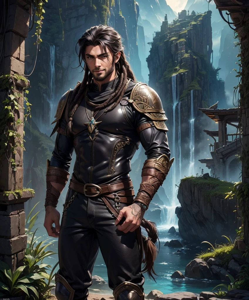 (((Single character image.))) (((1boy))) (((Dressed in medieval fantasy attire.))) (((Generate a darkly handsome male character for a fantasy setting.))) (((Appears to be 20 years old with youthful looks.))) (((Looks like the ideal vision of a sexy, handsome rugged male.))) (((Dark and sinister background at night.))) (((Very dark skin tone.))) (((Alpha male))) (((Solo character image.))) (((Intense, sexy stare.))) (((Beautiful long sexy hair in dreadlocks.))) (((Strong elements of tropical fantasy setting.))) (((Hides a large cock behind his tight pants.))) Looks like a dashing and heroic male adventurer for Dungeons & Dragons. Looks like a very attractive male adventurer for a high fantasy setting. Looks handsome, sexy and appealing. Looks like a handsome and rugged male adventurer for Dungeons & Dragons. Looks like a handsome male for a medieval fantasy setting. Looks like a Dungeons & Dragons adventurer, very cool and masculine hair style, black clothing, handsome, charming smile, adventurer, athletic build, excellent physique, confident, gorgeous face, gorgeous body, detailed and intricate, fantasy setting,fantasy art, dungeons & dragons, fantasy adventurer, fantasy NPC, attractive male in his mid 20's, ultra detailed, epic masterpiece, ultra detailed, intricate details, digital art, unreal engine, 8k, ultra HD, centered image award winning, fantasy art concept, digital art, centered image, flirty, best quality:1.0,hyperealistic:1.0,photorealistic:1.0,madly detailed CG unity 8k wallpaper:1.0,masterpiece:1.3,madly detailed photo:1.2, hyper-realistic lifelike texture:1.4, picture-perfect:1.0,8k, HQ,best quality:1.0,
