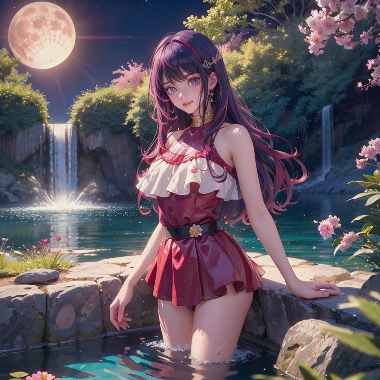 1 girl, lake scene, seat on the water, red suit, gold details on her clothes, waterfall, white flowers on focus, full moon, night, flowing hair, crystals, sparkles, swim suit, multicolored hair, rabbit jewel on her hair, purple hair, pink hair, looking at the viewr