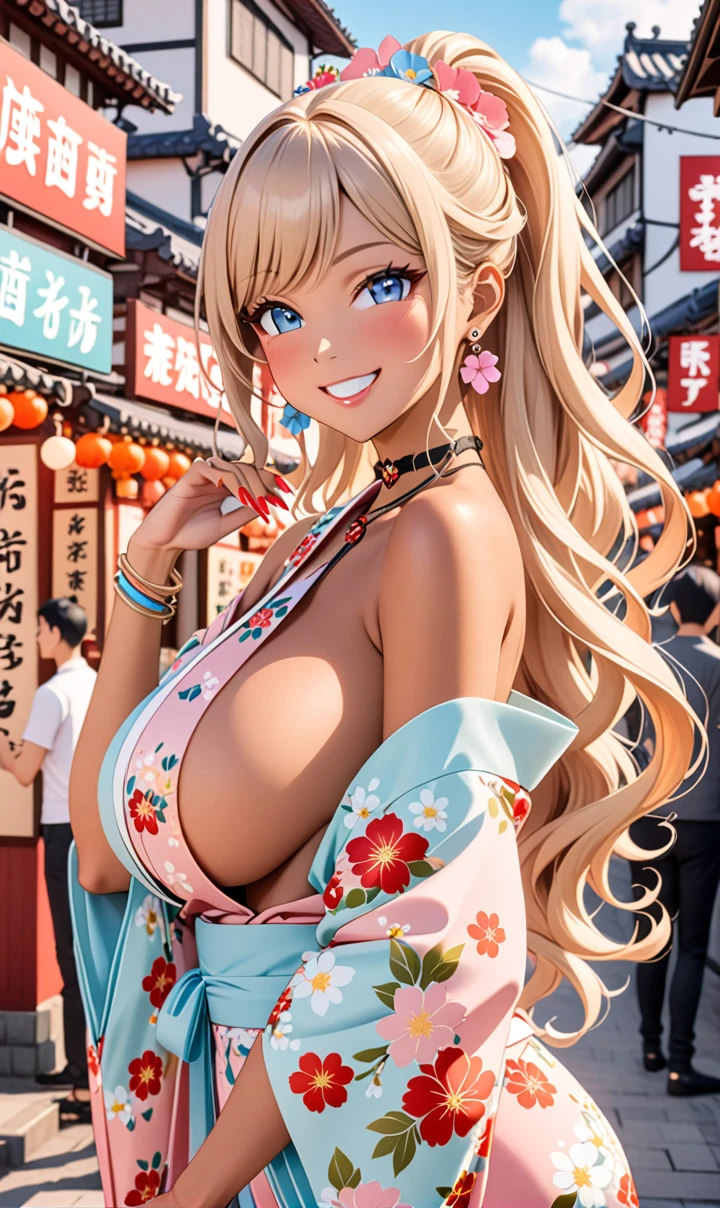 ultra-detailed, ((one girl)), (tan skin:1.6), in pastel colors gyaru, (heavy makeup), (professional lighting) hyper detailed, absurdres, 8K, Beautiful Face, (Laugh shyly), ((teasing smile:1.8)), ((Wink:1.7)), (Laugh with your mouth wide open),((Tilt your face:1.6)), View your viewers, ((Bright red cheeks:1.6)),Glossy Red Lips, ((Big Breasts:1.5)), ((undressing:1.2)), noon, Residential area on a festival day, ((Anime style background)),masterpiece, Highest quality, so beautiful,Latest, Complex details, ((Pastel pink long nails)), (nail art), (ring),(bracelet), (Floral Choker),AI-generated, Complex,High resolution, Highest quality, super high quality,3D Images、3D Images,One person,Blonde long hair,(High Ponytail), (wavy hair:1.3), Blonde anime woman posing for a photo, ((Fine grain、blue eyes、glowing eyes:1.4)), (Squint your eyes:1.1),a hyperRealistic , hyperRealistic , Realistic,Anime woman with long pastel yellow hair, Smooth anime CG art, A girl in a gorgeous pastel-colored kimono, (sideboob), ((Pastel-colored furisode)),(Pink large floral pattern), Long flower hair ornament,Floral Earrings, Mature Body, tall,Narrow waist, ((from side)),
