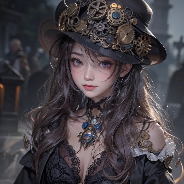 Standing in the grave、Hair flow、 ((Highest quality、masterpiece、8K、Best image quality、Ultra-high resolution、Award-winning works)、(Accurate anatomy:1.1)、(Look at me and smile:1.1)、Shining fair skin with Ultra-high resolution、The most detailed face、Ultra-high resolution detailed face、Ultra-high resolutionの髪の毛、(Ultra-high resolution eye:1.1)、Beautiful face drawn in every detail、Steampunk costumes, Chest to chest, Strange atmosphere, Ghosts flow, Dark Light, At the Cemetery, Heavy makeup