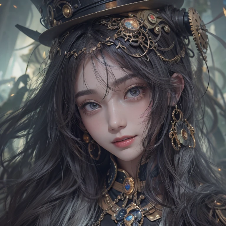 Standing in the grave、Hair flow、 ((Highest quality、masterpiece、8K、Best image quality、Ultra-high resolution、Award-winning works)、(Accurate anatomy:1.1)、(Look at me and smile:1.1)、Shining fair skin with Ultra-high resolution、The most detailed face、Ultra-high resolution detailed face、Ultra-high resolutionの髪の毛、(Ultra-high resolution eye:1.1)、Beautiful face drawn in every detail、Steampunk costumes, Chest to chest,  Strange atmosphere, Ghosts flow, Dark Light, At the Cemetery, Heavy makeup 