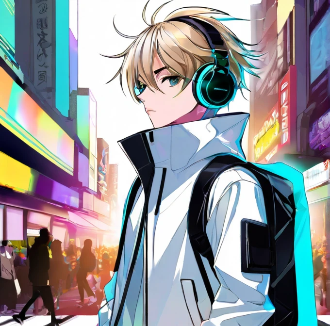 (masterpiece:1.4, best quality:1.4), Create an eye-catching anime character, a male with a fresh and futuristic style for 2024. This design focuses exclusively on the character, presented against a transparent or white background to emphasize his trendy appearance and modern accessories.

- Character: This young man exudes a cool, urban vibe with his state-of-the-art headphones, which are not only functional but also a major style statement. His hair is fashion-forward, featuring a bold cut and vibrant accents that match his headphones.

- Attire: He is dressed in a chic ensemble typical of 2024 fashion: a sleek, tech-enhanced jacket with subtle interactive elements, paired with stylish, form-fitting pants and innovative sneakers. The outfit blends high-tech functionality with cutting-edge street fashion.

- Accessories: His look is completed with contemporary gadgets like a holographic smartwatch and a multipurpose smart backpack. His headphones are the centerpiece, showcasing advanced design and technology.

- Setting: The character is rendered on a transparent or white background, ensuring that all attention is directed towards his attire and the detailed styling of his accessories. This backdrop choice highlights the vivid details and colors of his fashion without any background clutter.

- Atmosphere: Despite the absence of a detailed setting, the character’s pose and attire convey a narrative of him being a trendsetter in a metropolitan environment, ready to engage with cutting-edge technology and fashion.

- Color Palette: Utilize a modern palette that features neutrals mixed with striking color highlights that draw attention to key elements of his outfit and accessories, enhancing his overall trendy aesthetic.

This prompt is structured to deliver a vibrant portrayal of a 2024 anime male character, perfect for use in visual media where a clean and focused representation is required, such as graphic design, promotional content, or character merchandising.
