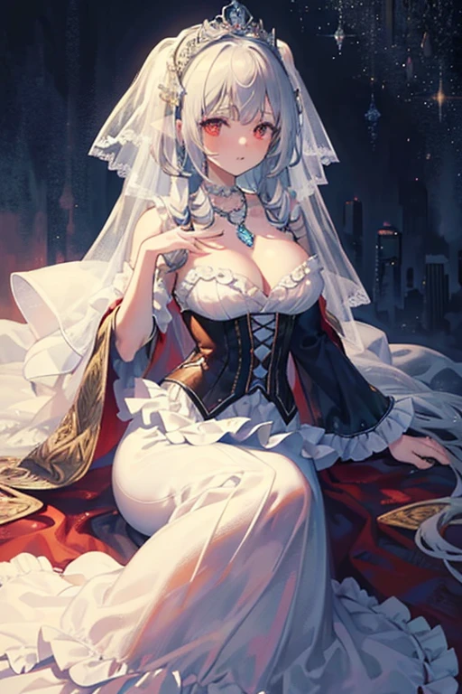 The gown is fitted, resembling a mermaid silhouette, accentuating the wearer's curves. The lower part of the gown flares out dramatically with layered ruffles, creating a voluminous effect. Bodice: The bodice is highly detailed, featuring elaborate embroidery and beadwork. It appears to be a corset style, providing a structured and tailored fit. The neckline is sweetheart-shaped, which adds a romantic touch. Sleeves and Veil: The gown includes a long, flowing veil that drapes over the shoulders and extends beyond the train of the dress. The veil is decorated with matching ruffles and lace details that echo the design of the gown itself. Fabric and Texture: The dress is made from luxurious, shimmering fabrics, likely silk or satin, with a scale-like pattern that adds texture and visual interest. The ruffles and layers add depth, while the lace details and beadwork provide intricate accents. Color: The gown is predominantly white, a traditional bridal color, with hints of silver and light grey tones, giving it a luminous and ethereal quality. Accessories: The outfit includes a matching headpiece, possibly a tiara or a decorative comb, which complements the overall opulent and regal style of the dress. There is also a choker-style necklace that adds to the elegance of the ensemble, full body, red eyes, white hair, medium sized breast.