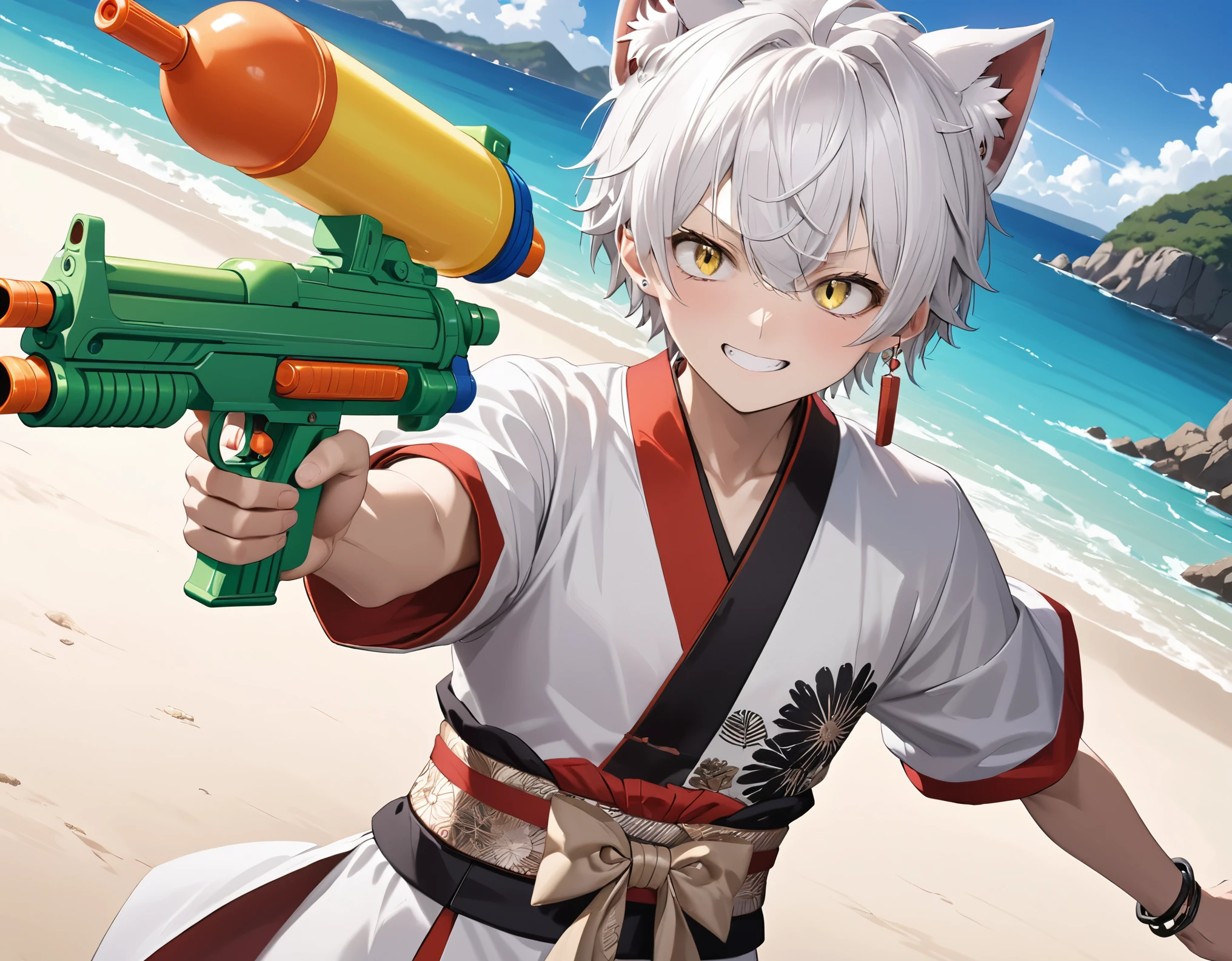 dynamic angle, dynamic pose, cat_boy,1boy,male focus,(white animal ears),white hair, short hair with single long lock,(split color kimono),(white kimono),(black kimono),(red lapel),ahoge,yellow eyes,slit pupils, dot nose,closed mouth, BREAKE outdoors, beach, ocean, marin, necklace, bracelet,evil grin, happy, cute, sunlight,, close-up, looking down,dynamic angle, dynamic pose, , BREAK holding supersoaker, holding [watergun:supersoaker:.25], super soaker, green and yellow watergun, aiming at you, waterstream, splash,white hakama skirt,red and white single earring,obi,red sash,beige bow,print kimono