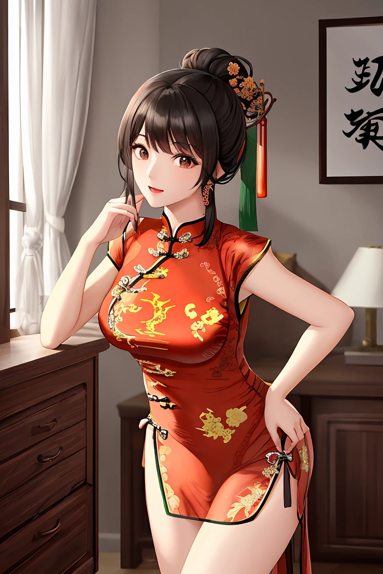 (score_9,score_8_up,score_7_up,score_6_up,score_5_up,score_4_up),masterpiece, top quality, best quality, official art, beautiful and aesthetic, animation, , 1female, solo, women, mature figure, (black hair:1.2), golden pendant earrings, golden hair pin, male pov, bedroom, night, flirting, (Chinese clothing:1.5), charming, leaning forward ,