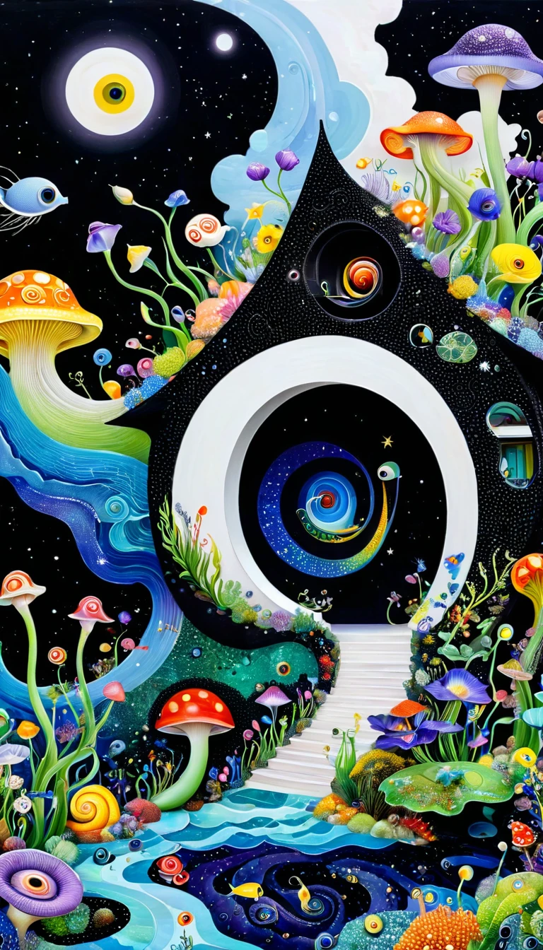Three-dimensional painting。1snails house，Artists from the stars，Colorful black，A world of color，Dopamine，mouth，A cloud、snails、iris、fish、Tentacles、bird、Eye、diatom，Abstract mosaic painting，Describing the inner world of autistic people，Sense of space，White Space，interesting，Innocence，Psychedelic Art，Black overall