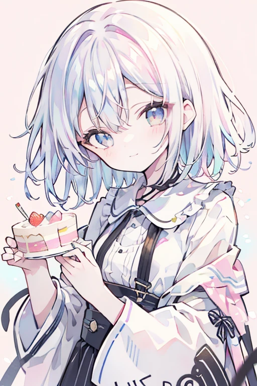 smile,short hair,White hair,rainbow colors inner hair、Illustration where the pupil does not overlap the lower lash line, The lower half of the eye is white, vacant eyes, rainbow colors eyes, Cake in front of you、birthday、cracker,pink background