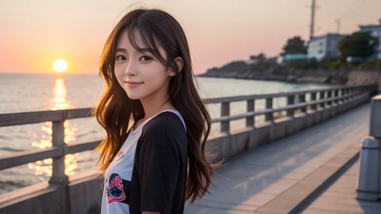 Produce the highest quality and highest resolution 8K images。Draw a 20-year-old Japan woman。Please draw a picture of a person walking along a seaside promenade at sunset.。She has brown eyes and a model figure.、She has an idol-level cute face.。The hair is wavy。Looking at you with a smile。What to wear、Black short sleeve T-shirt and pants。Skin has a healthy color。