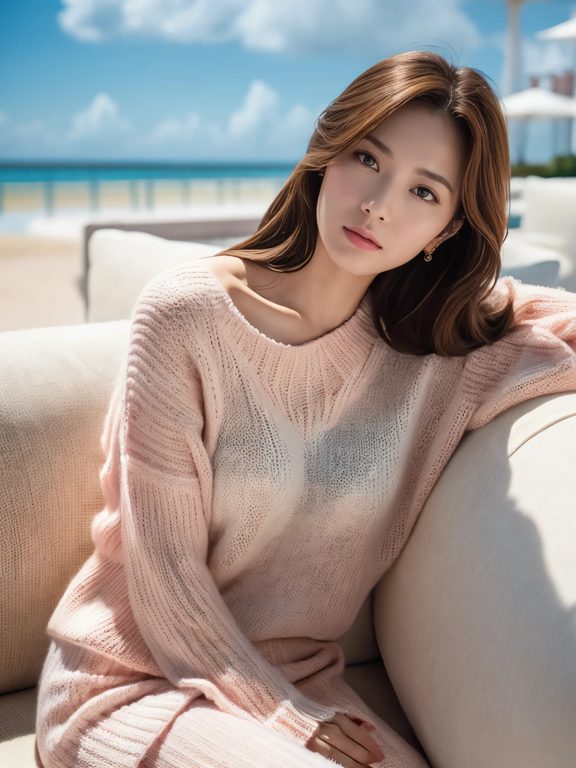 Cinematic photography, 1 beauty: 1.2, Pale pink sweater, White pants, Brown medium hair, Highly detailed face, Sitting on a white sofa, background: Sea Resort, Body facing forward, West Shot,