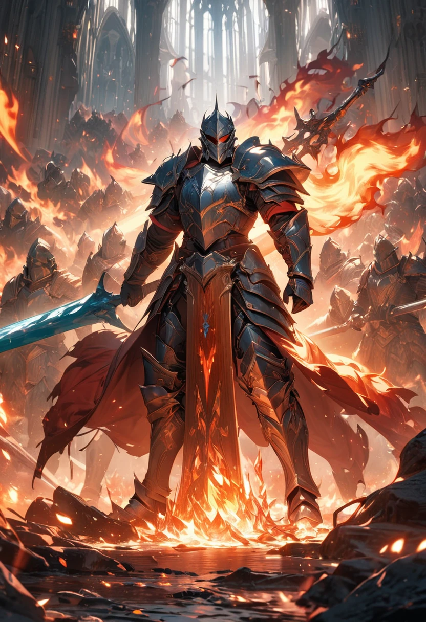 masterpiece, 8k, best quality, highly detailed, a male warrior wearing heavy plate armor made from ice & fire wielding a large two handed greatsword made of the same materials, surrounded by a primordial flame