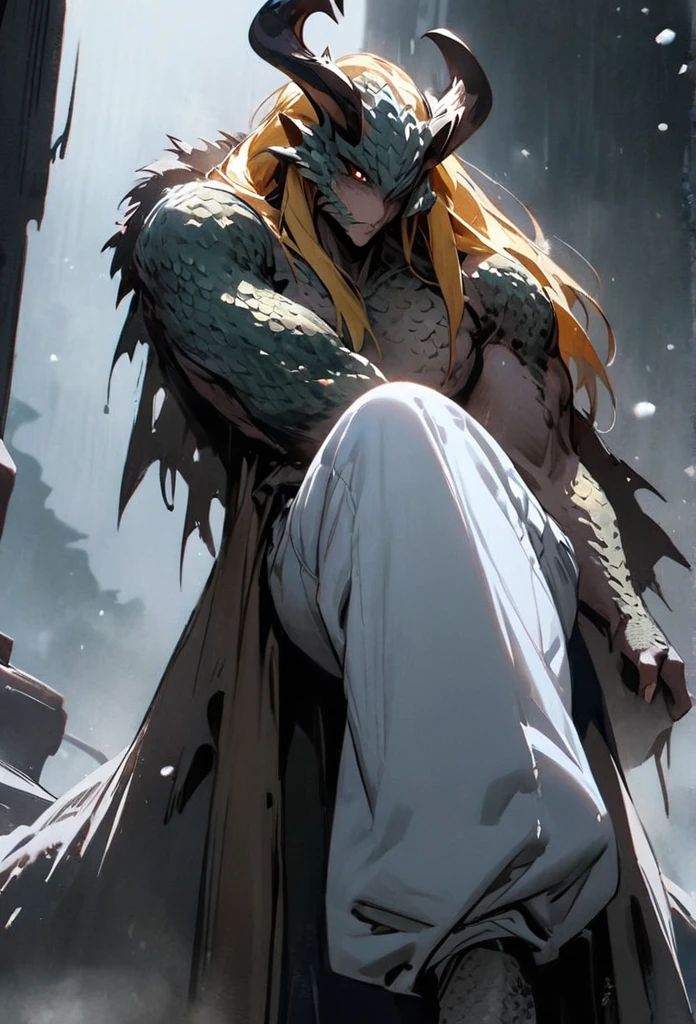 (High resolution, best quality, masterpiece), detailed, ultra detail, 1male, physically fit, masculine male, muscular body, expression, dark eyes, (detailed eyes), Yellow hair, short length hair, full body, ((dragon horns)), ((face: dragon scales)), face covered in scales, human body, human skin ((topwear: fur lined coat, bottomwear: baggy jeans)), snowy background, part draconic, somber expression, inhuman, reptilian skin, close up