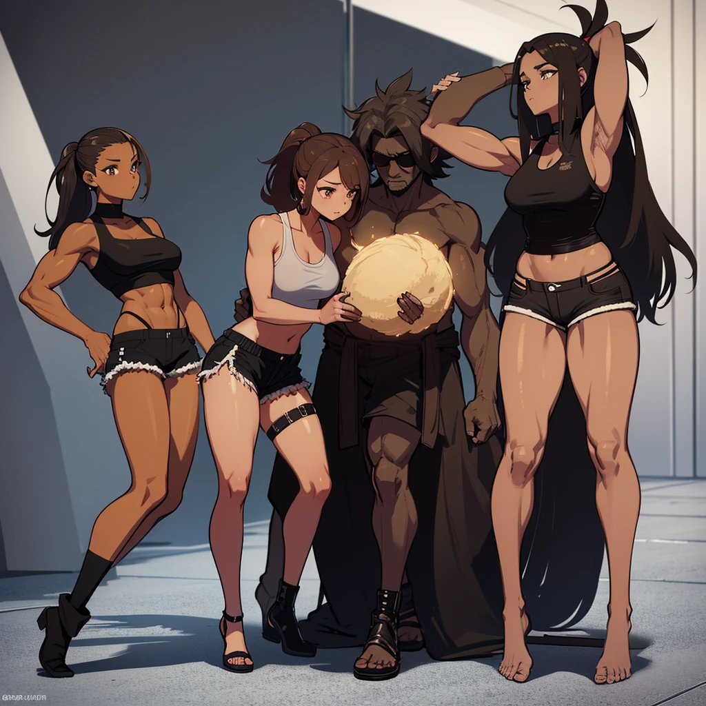 African brown female, brown long messy hair put into a pony tail, brown hunter eyes, black crop top, black shorts, black cloth wrapped around her legs and feet, toned muscular body, black cloth wrapped around her arms, tall, mature, full body design