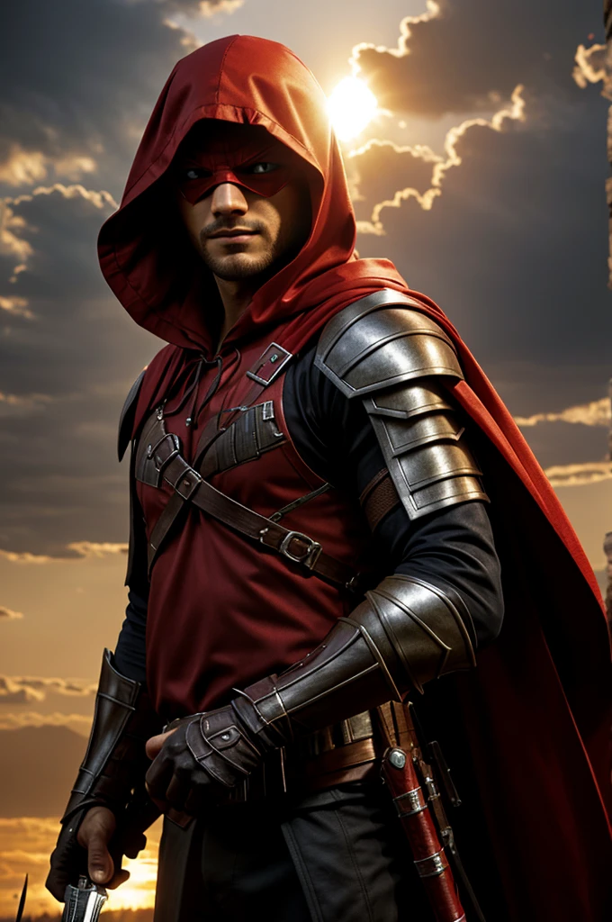 ((HD)) ((Realistic)) assassin with red hood and white armor, sun rising, Templar