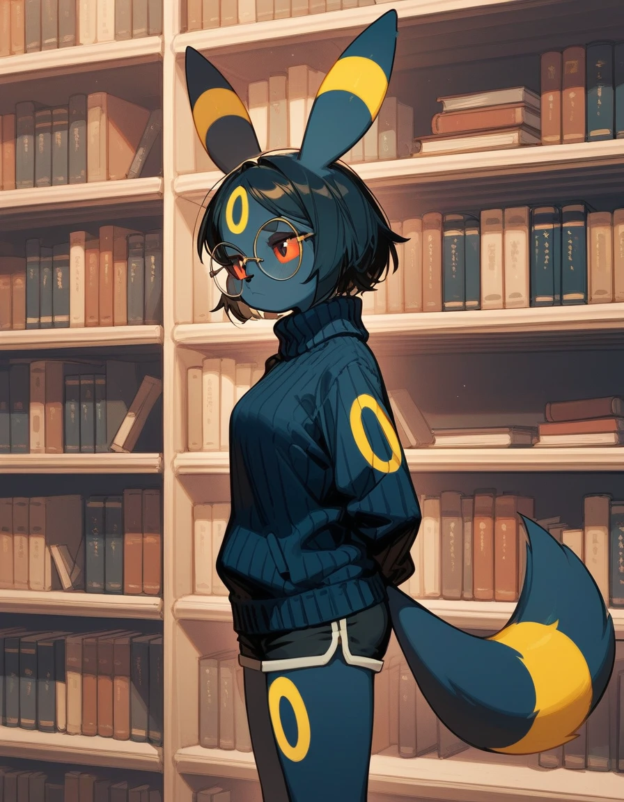 score_9,score_8_up,score_7_up, anthro, furry female, black hair, umbreon, Pokemon, umbreon tail, black turtleneck sweater, black shorts, big round glasses, hands behind back, jitome, bored expression, serious expression, in a library, side view, looking at a shelf of books, standing, on her tip toes, feet paws with four toes,