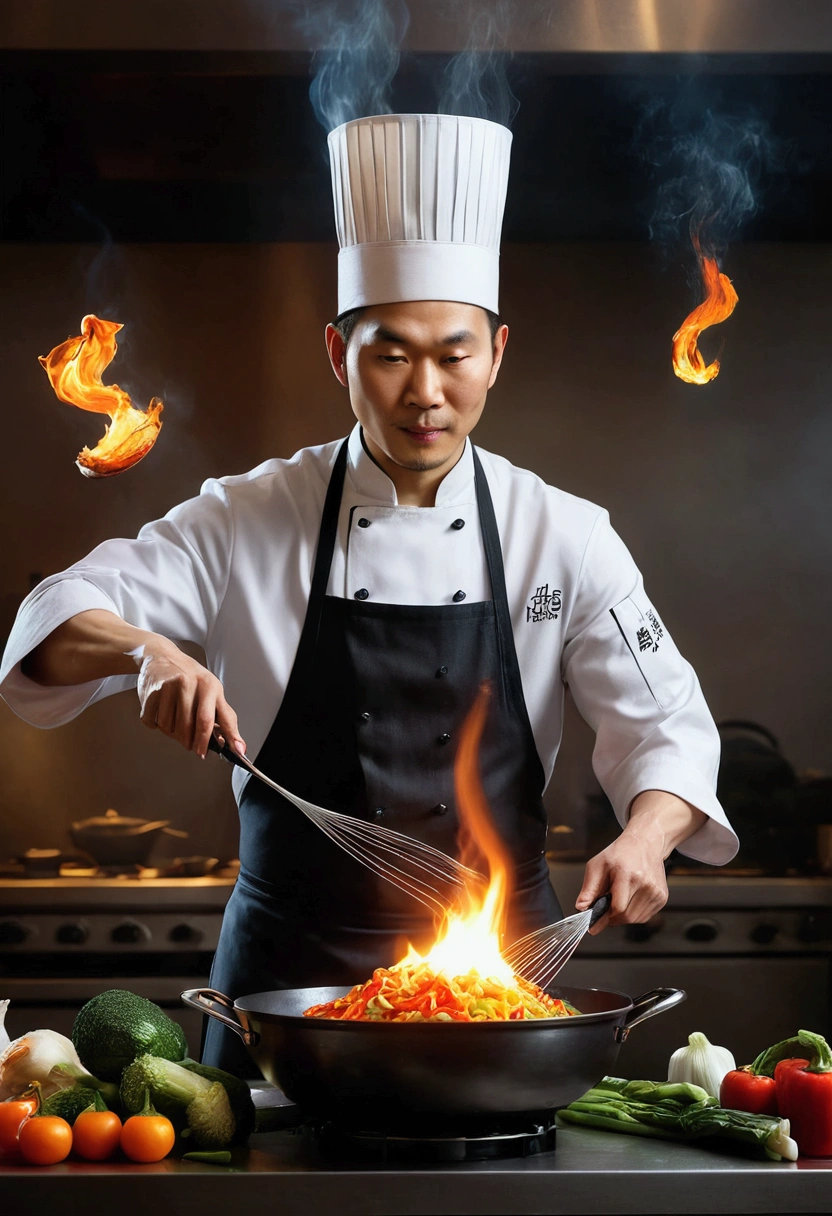 a photorealistic image of a traditional Chinese chef working with wok juggling the vegetable cook in a high flame flares, iconic cooking stance, super detailed, intricate, hyper realistic, best quality wallpaper, epic scene, working kitchen scenery, hell kitchen scene, UHD, 8k