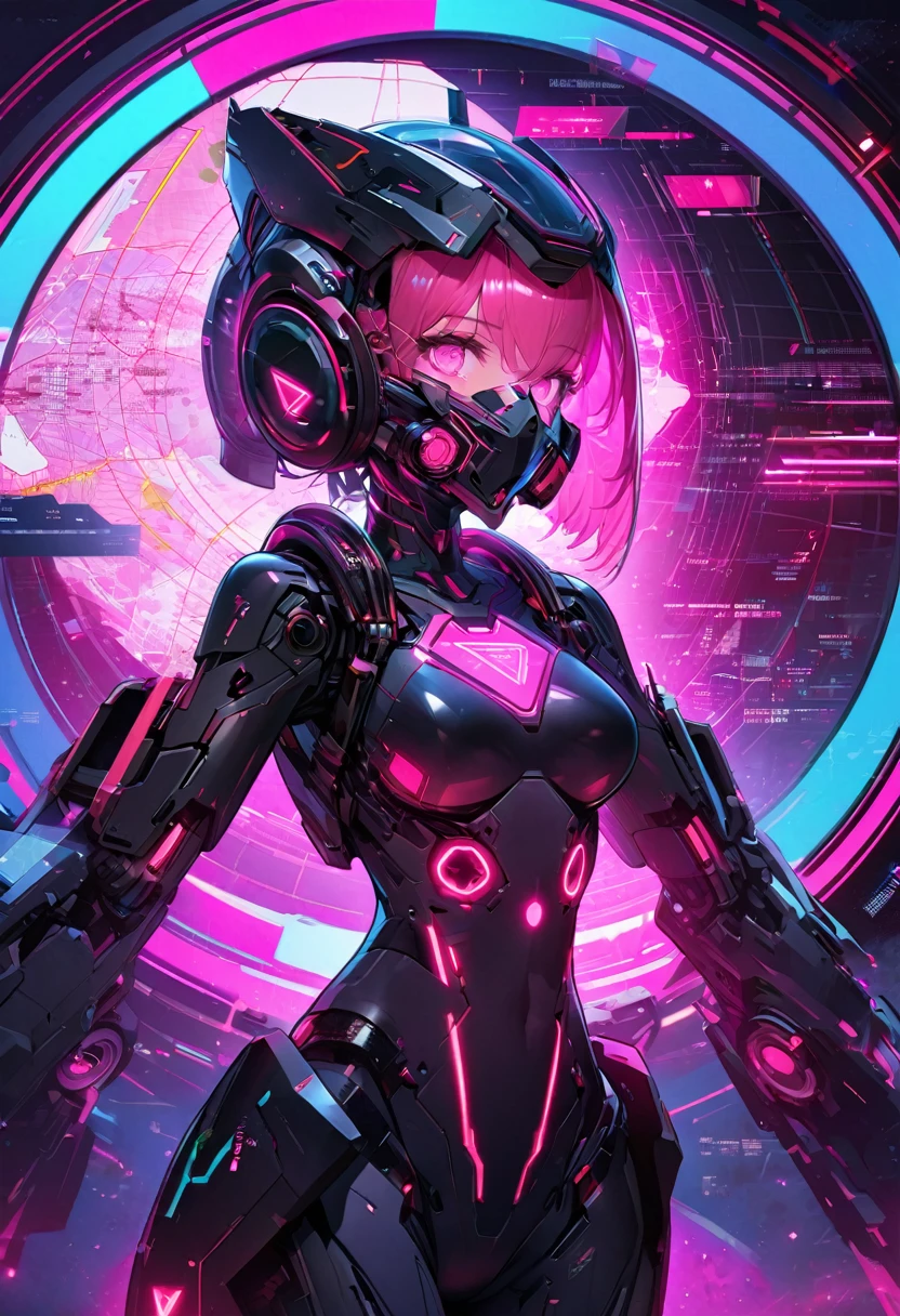 Semi-realistic 2d illustration of an android girl with a full face helmet and a mechanical bodysuit with partially fluorescent pink glowing hair. The LCD on the entire surface of the full-face mask is translucent and transparent, revealing a glowing red infographic that glows in infrared light and a map display of radar sensors (an enemy ship-tracking radar with several red arrow-like triangular shapes scattered over a circular map). Cyber, psychedelic neon, futuristic, bio-inspired design, exoskeletons. The background is all black. Close-up.