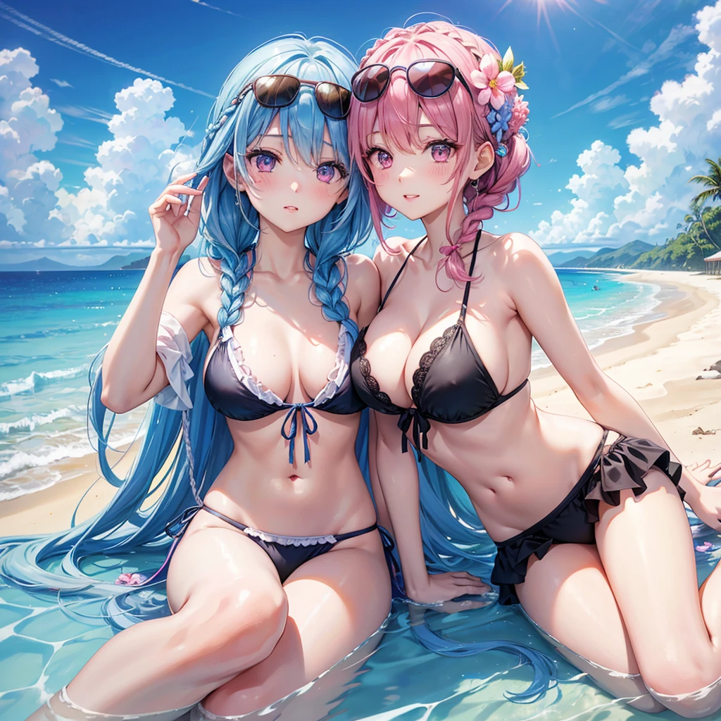 (Sky blue medium hair),(Braided hair tied together)、Pink eyes、Fair skin、(whole body)、(One Girl)、Black Bikini、Big Dolce & Gabbana sunglasses on her head、Shining white sand beach in midsummer、Okinawa's ocean、A happy smile、、(masterpiece、Highest quality、Very detailed、Best Shadow)、(Detailed Background)、(Beautifully detailed face)、High contrast、(Best lighting、Very delicate and beautiful)、((Cinematic Light))、colorful、Hyper Detail、Dramatic Light、Exquisite detail、Standing with your legs apart