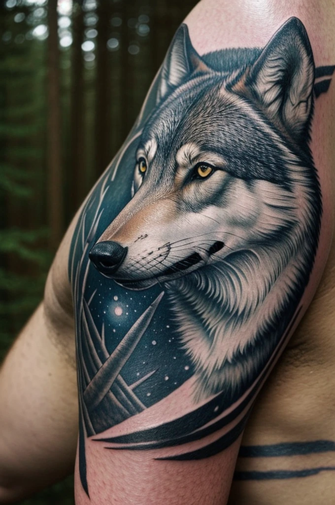 Realistic tattoo of a wolf in the forest next to the lunar cycle