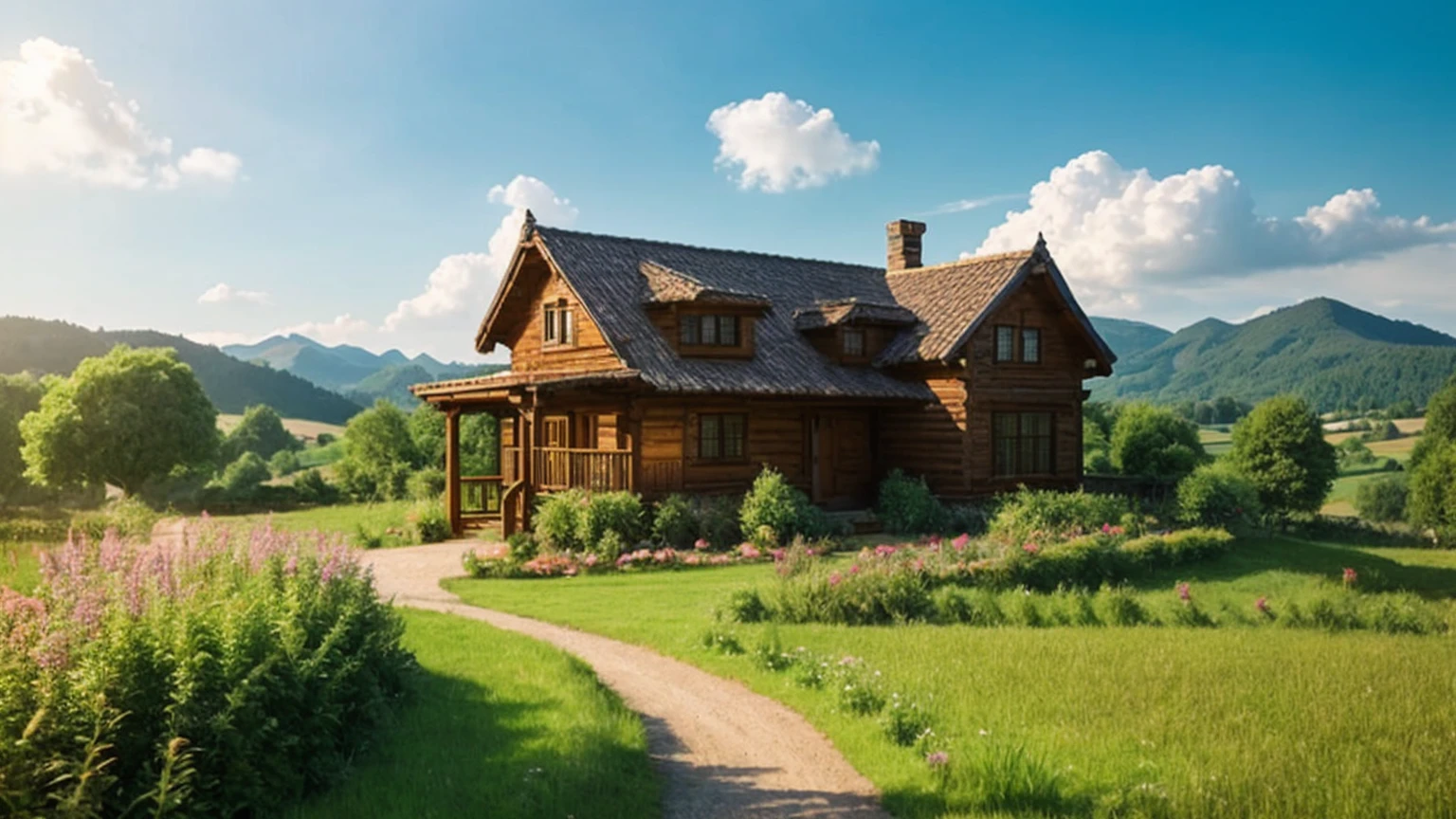 Create a landscape image in a similar style to the uploaded image. The scene includes a countryside setting with lush green fields, a variety of trees with full foliage, and a clear blue sky with a few fluffy clouds. In the distance, there are rolling hills or mountains shrouded slightly by a haze, giving a sense of depth. A quaint, cozy house with a wooden exterior and a shingled roof should be prominently featured in the foreground, surrounded by a rustic wooden fence. The atmosphere should be serene and inviting, typical of a warm, sunny day. The landscape should be detailed and vibrant, evoking a sense of peace and tranquility.