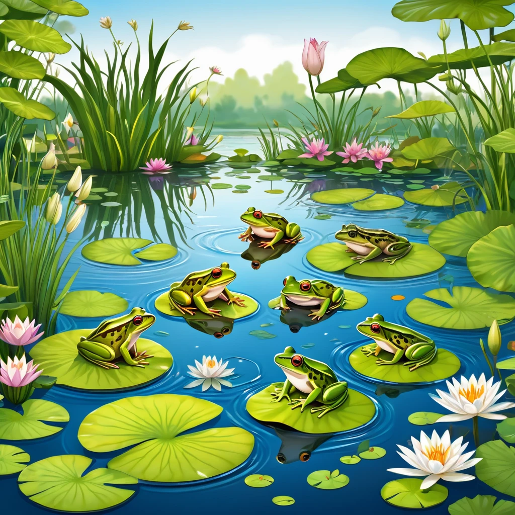 a group of frogs and other animals in a pond with water lils, garden pond scene, pond with frogs and lilypads, pond scene, in a pond, small pond, Aquatic plants, ponds of water, Full of animals, pond, Aquatic plants, lily pad, Beautiful and meticulous illustrations, Detailed scenario, Cartoon illustration, pond landscape, Very detailed illustrations