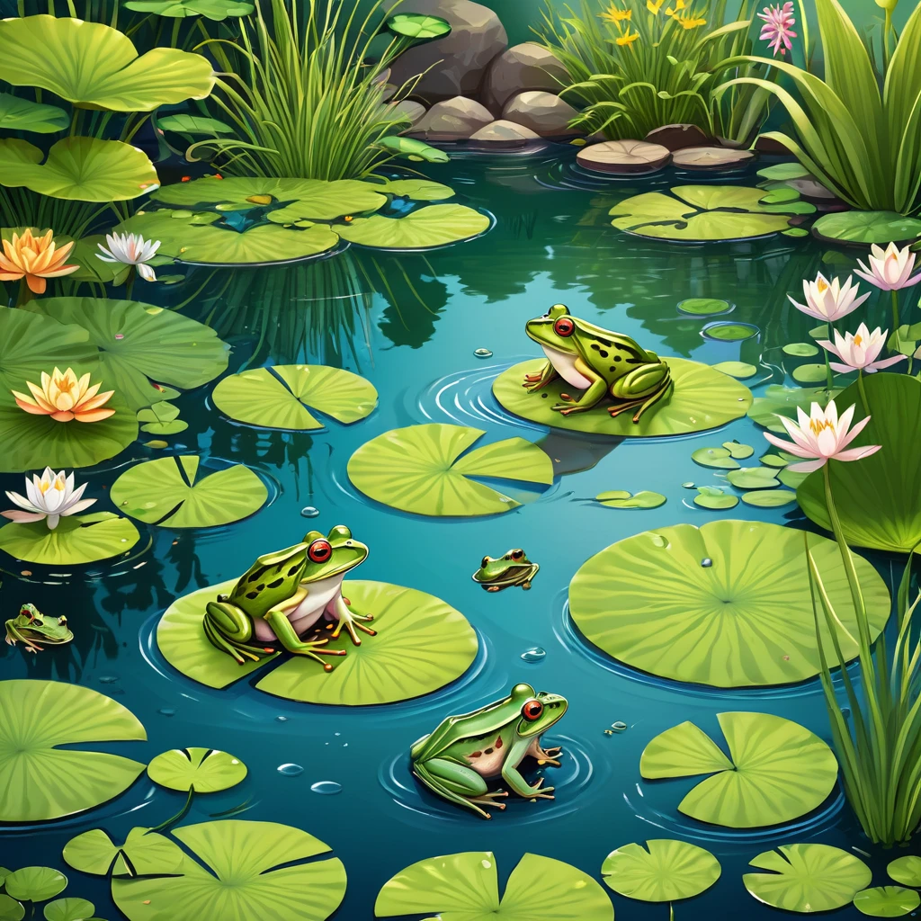a group of frogs and other animals in a pond with water lils, garden pond scene, pond with frogs and lilypads, pond scene, in a pond, small pond, Aquatic plants, ponds of water, Full of animals, pond, Aquatic plants, lily pad, Beautiful and meticulous illustrations, Detailed scenario, Cartoon illustration, pond landscape, Very detailed illustrations