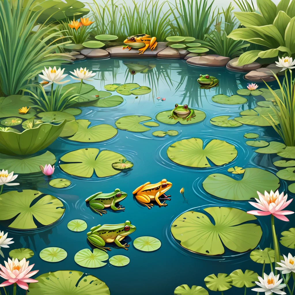 a group of frogs and other animals in a pond with water lils, garden pond scene, pond with frogs and lilypads, pond scene, in a pond, small pond, Aquatic plants, ponds of water, Full of animals, pond, Aquatic plants, lily pad, Beautiful and meticulous illustrations, Detailed scenario, Cartoon illustration, pond landscape, Very detailed illustrations