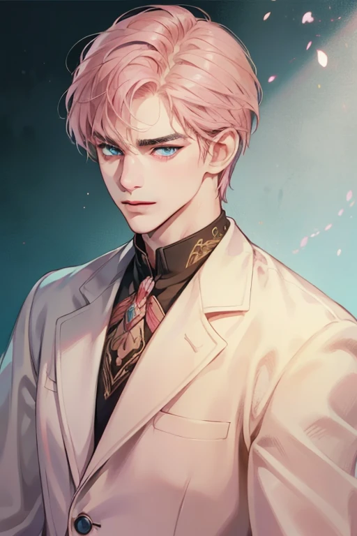 masterpiece, best quality, realistic, 1man, mature male, quiet and charming young man, 35 year old, serious look, closed mouth, portrait, extremely detailed face, cold smile, expression smile in love, ((blue eyes)), ((short-right-swept pink hair)), [thick eyebrows], ((suit)), handsome, full body, western, Jewish, light brown skin,