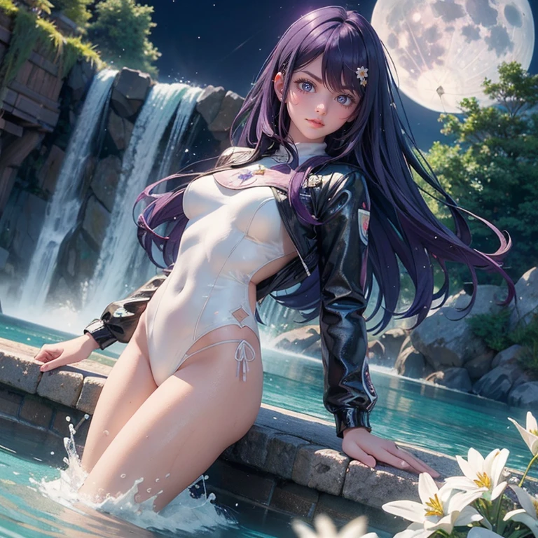 1 girl, lake scene, seat on the water, black suit, white details on her clothes, waterfall, white flowers on focus, full moon, night, flowing hair, crystals, sparkles, swim suit, purple hair, cap