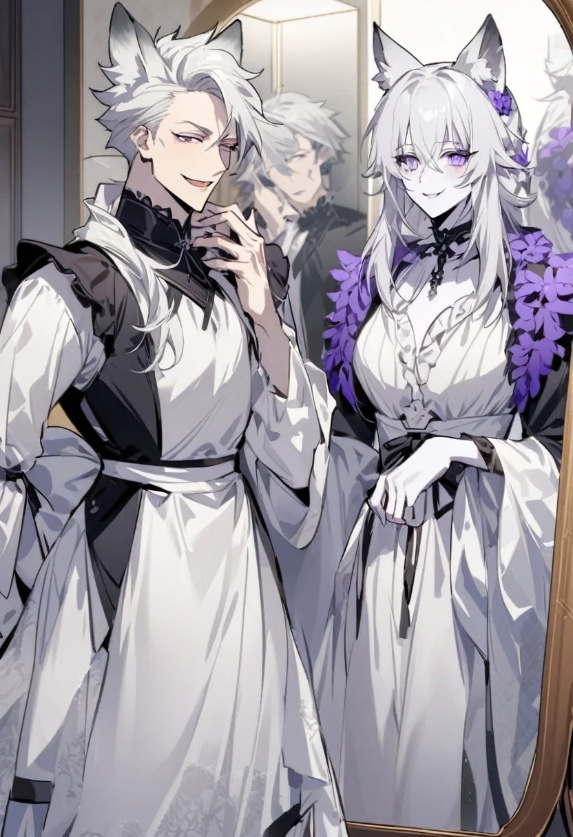 create panel in the art style of mo dao zu shi hybrid character with wolf ears,masculine and dominant gender, mature appearance, short wolfcut white hair , purple raven iris eyes,pale skin, wearing like a woman even though she is a man, a white lolita fashion dress looking in the mirror of a dressing room with a happy smile 