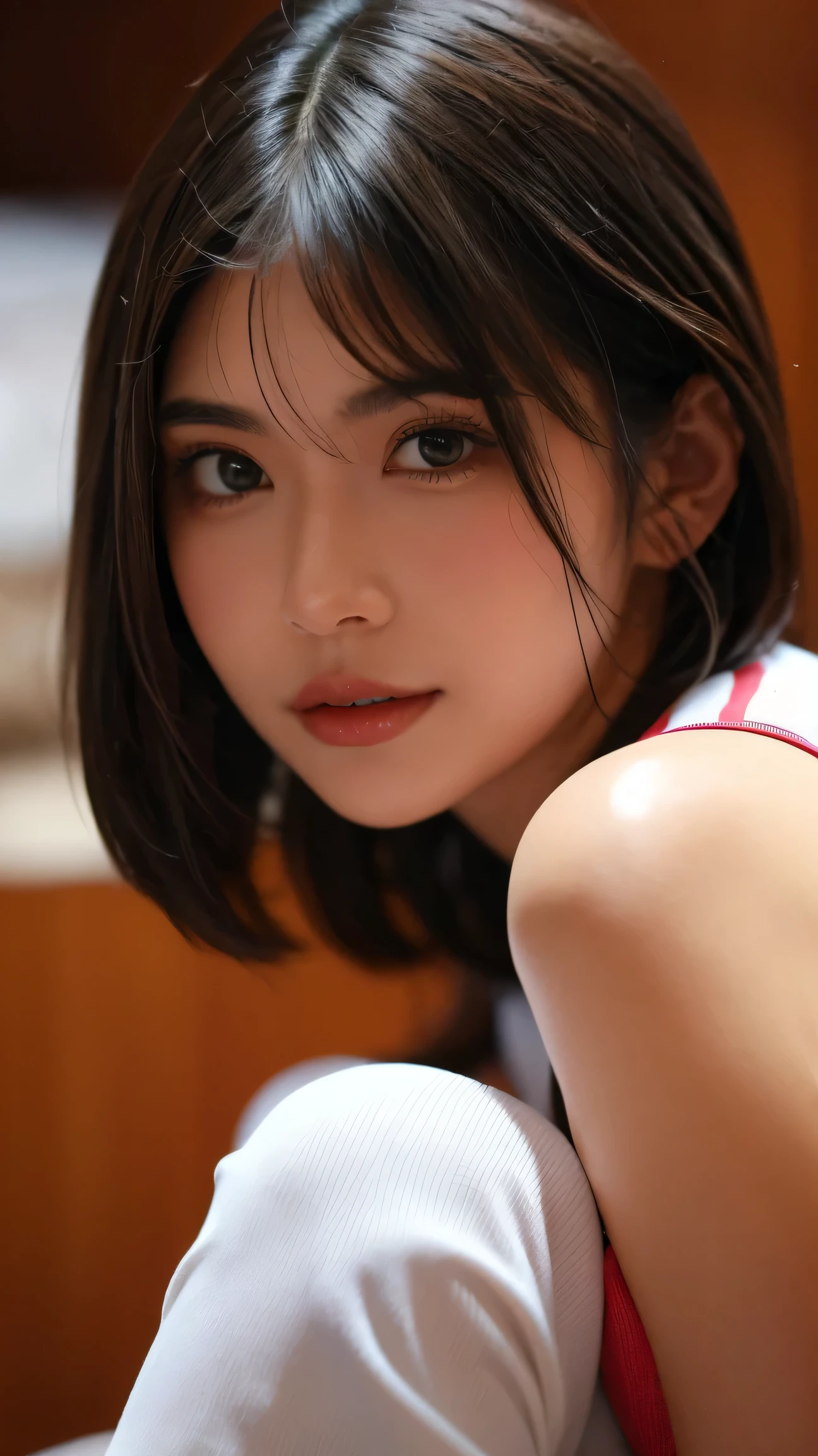 kiss, Face about to kiss, Woman close up, Big Breasts, Shorts, Young and pretty girl, Japanese Model, Wearing a casual sleeveless shirt in random colors,Brown short hair, Cute young woman, Knee-high socks