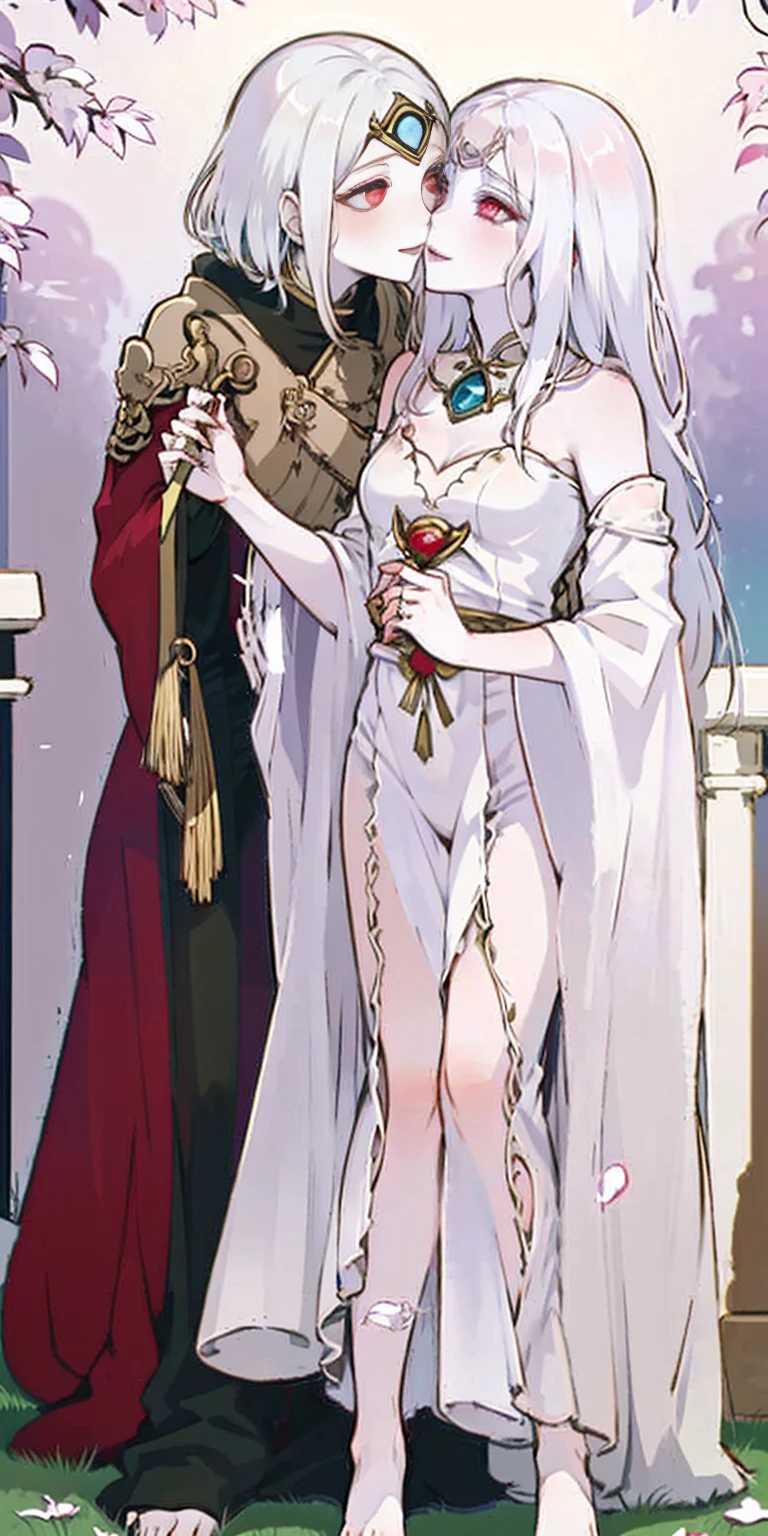 Body position: Standing, straight, symmetrical, barefoot, Lustful smile on face with red blush, 2 girls like Cassia Orsellio white pale skin with red eyes who gets married and stands in front of many people, nsfw, kissing
