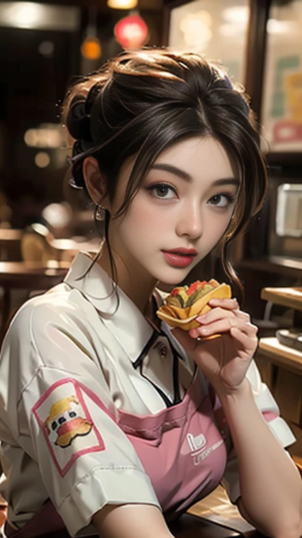 masterpiece, highest quality, Highest image quality, High resolution, photorealistic, Raw photo, fast food uniform, Fast Food Worker, burger, fried chip, food tray, oven