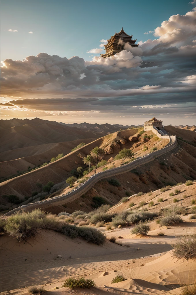 Chinese desert, characterized by rolling sand dunes and some rocky outcrops. The sand is a mixture of golden and reddish hues, reflecting the light of the setting sun.
Sky: The sky is dramatic, with the sun setting in the distance, casting long shadows across the landscape. The colors range from deep oranges and reds near the horizon to purples and blues higher up in the sky. A few wispy clouds add texture to the sky.
Vegetation: Sparse desert vegetation, such as hardy shrubs and small patches of grass, dot the landscape. These plants are adapted to the harsh desert conditions and add a touch of green to the otherwise arid scene.
Ancient Structures: In the distance, you can see iconic ancient Chinese structures. There are pagodas with their distinct multi-tiered roofs, adding an architectural contrast to the natural desert landscape. Sections of the Great Wall of China can also be seen, snaking their way across the distant dunes, emphasizing the blend of ancient Sparta and China.