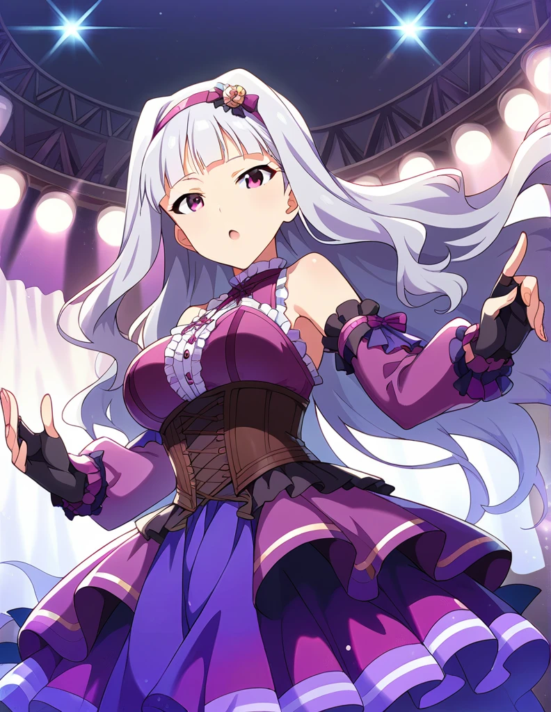 score_9, score_8_up, score_7_up, source_anime,
1girl, solo, idol concert, singing, looking at viewer,  diva, stage, white curtain, stage lights, light particles, 
 sjutkn, very long hair, grey hair, wavy hair, blunt bangs, hairband, purple eyes, large breasts, 
purple dress, sleeveless dress,layered dress, cross-laced dress,long sleeves, bare shoulders, frills, detached sleeves, corset, black fingerless gloves, shiny hair, floating hair, 
hair ornament, 
detailed eyes, eye refraction,