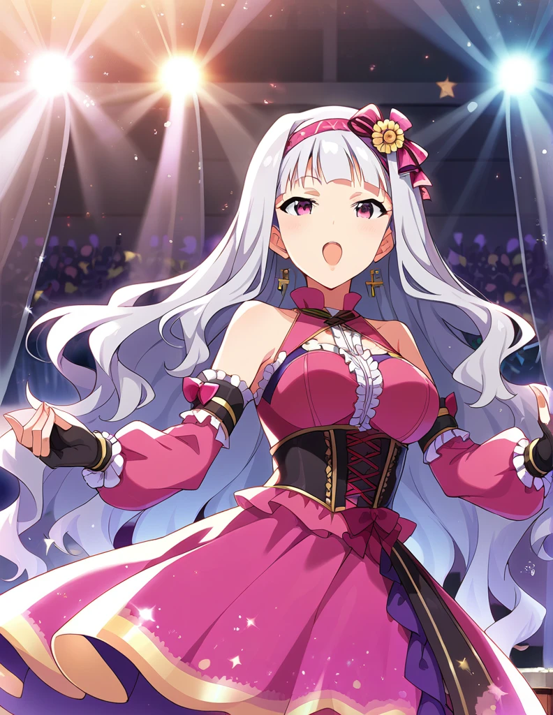 score_9, score_8_up, score_7_up, source_anime,
1girl, solo, idol concert, singing, looking at viewer,  diva, stage, white curtain, stage lights, light particles, 
 sjutkn, very long hair, grey hair, wavy hair, blunt bangs, hairband, purple eyes, large breasts, 
purple dress, sleeveless dress,layered dress, cross-laced dress,long sleeves, bare shoulders, frills, detached sleeves, corset, black fingerless gloves, shiny hair, floating hair, 
hair ornament, 
detailed eyes, eye refraction,