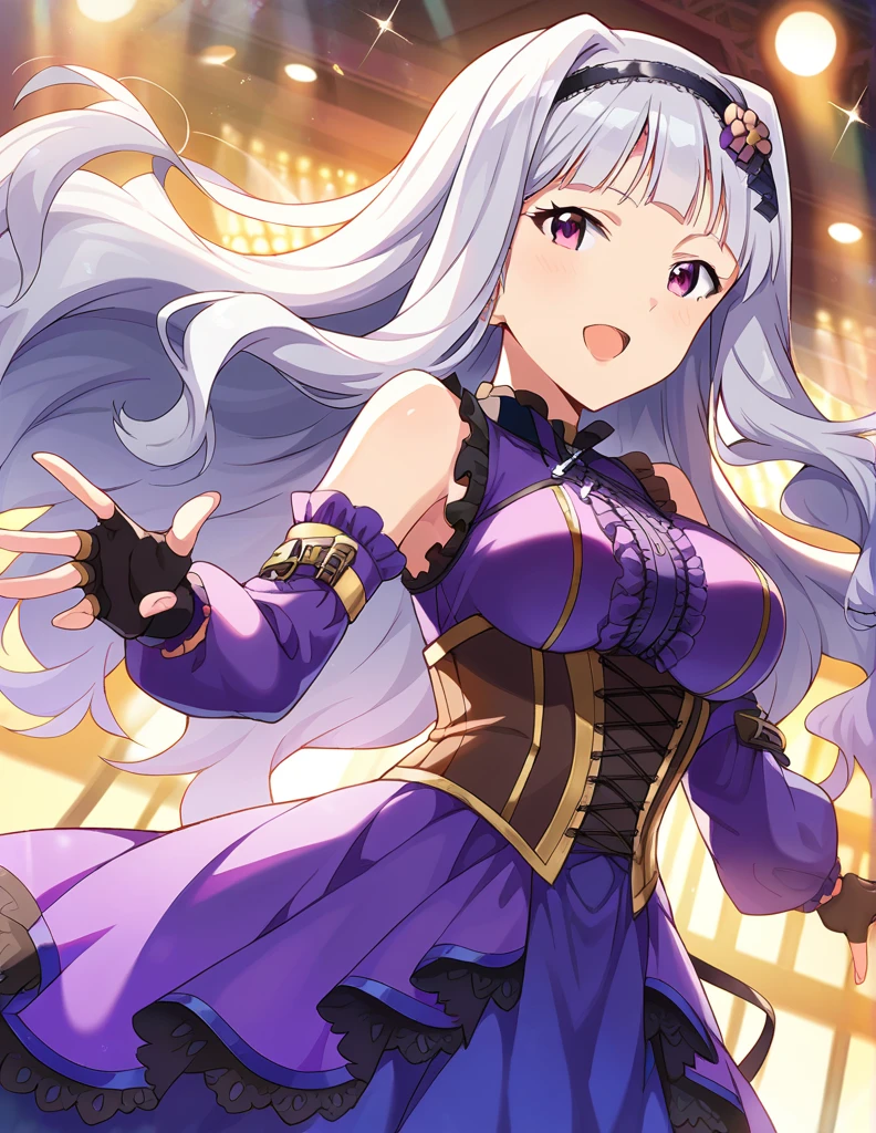 score_9, score_8_up, score_7_up, source_anime,
1girl, solo, idol concert, singing, looking at viewer,  diva, stage, white curtain, stage lights, light particles, 
 sjutkn, very long hair, grey hair, wavy hair, blunt bangs, hairband, purple eyes, large breasts, 
purple dress, sleeveless dress,layered dress, cross-laced dress,long sleeves, bare shoulders, frills, detached sleeves, corset, black fingerless gloves, shiny hair, floating hair, 
hair ornament, 
detailed eyes, eye refraction,