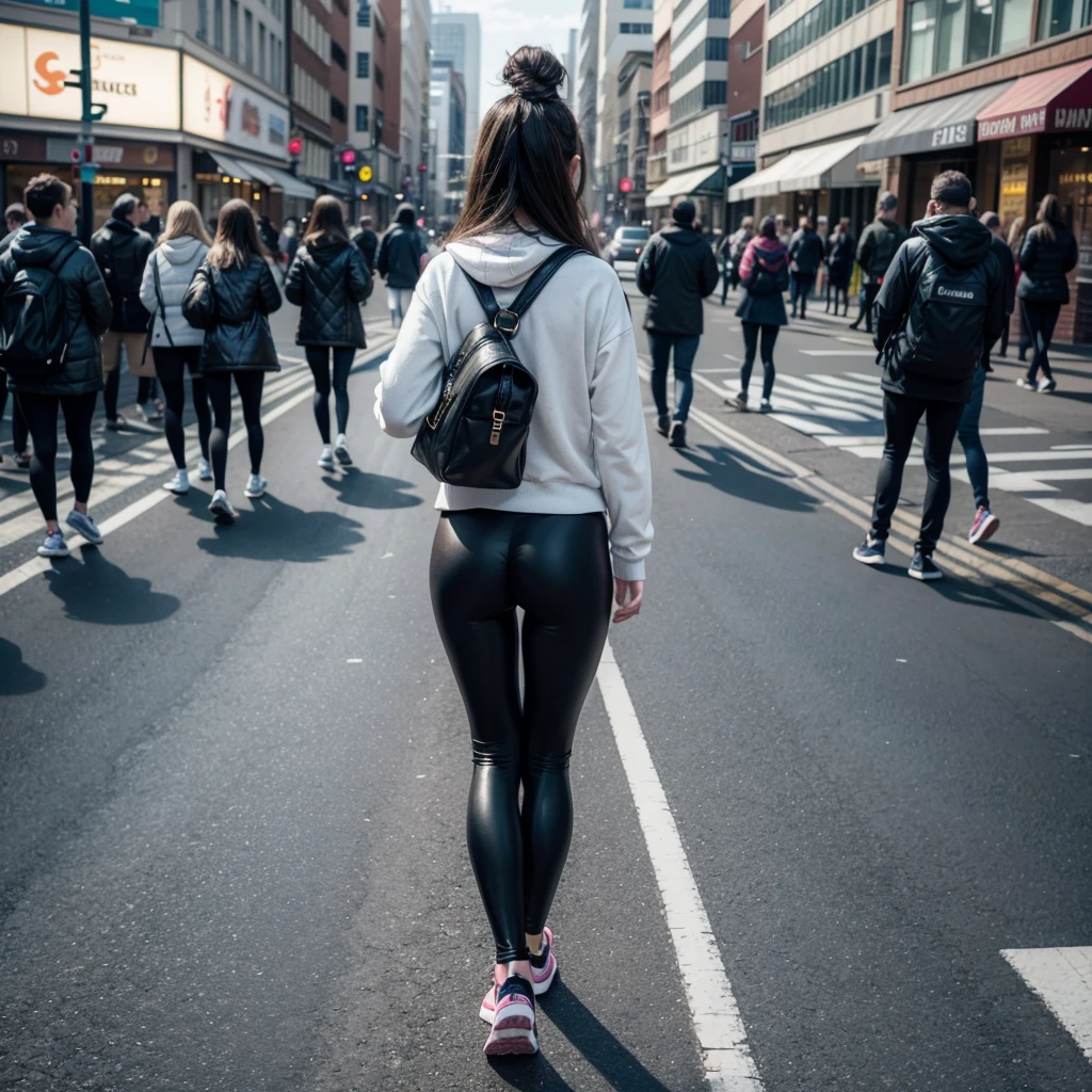 candid 3 girl walking down the street in public wearing tigh leggings, creepshot,