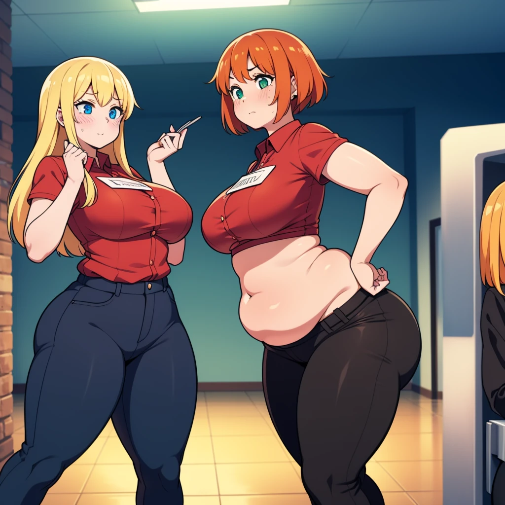 ((highres)), Masterpiece, high quality, best quality, beautiful, perfect lighting, detailed face, ultra cute face, ((2girls)), ((blush)), one girl has blonde hair, blue eyes, red shirt, black pants, work uniform, one girl has orange hair, green eyes, red shirt, black pants, work uniform ,tight clothes, super market, medium breasts, perky breasts, wide hips, (thick thighs), chubby, standing next to each other, 