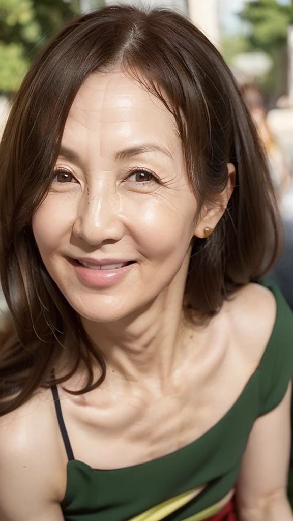 ((Highest quality)), ((8K)), ((masterpiece:1.3)), (Perfect look), (Photorealism:1.6), (JMA), (KE), (Portrait of a Japanese mature woman), (振り返るJapanese women), (Outdoor event venue: 1.2), (Large crowd), Japanese women, 60 years old, ((Realistic skin texture)), (Fine wrinkles appear all over the skin: 1.3), (Dullness: 1.1), (Unmoisturized skin: 1.2) , (Facial wrinkles: 0.9), (Wrinkles around the eyes: 1.2), double eyelid, Lower eyelid tear trough, The eyes are looking here, (Dimples: 1.2), BREAK(Red lips),BREAK 短い前髪, Long Hair, (Brown Hair: 1), (Smooth Hair), Lips open, Open mouth and smiling with the corners of the mouth turned up, Colorful cocktail dresses, pumps, Small breasts, Small breasts, Flat Chest, (Slimming), (whole body), View from the feet,