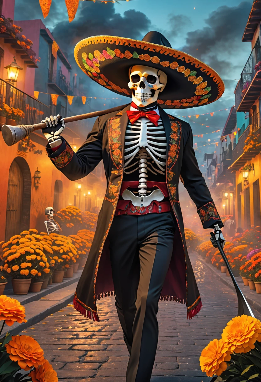 (masterpiece, best quality:1.1),(the skeleton gentleman, wearing a sombrero and mariachi costume),(he runs around the city),face looks like a Calavera skull,skeleton hand,skeleton body,arrogant, holding a large scythe, marigold flowers, candles,dynamic pose ,mexican city,(dia de los muertos),(Glowing, smoke,)