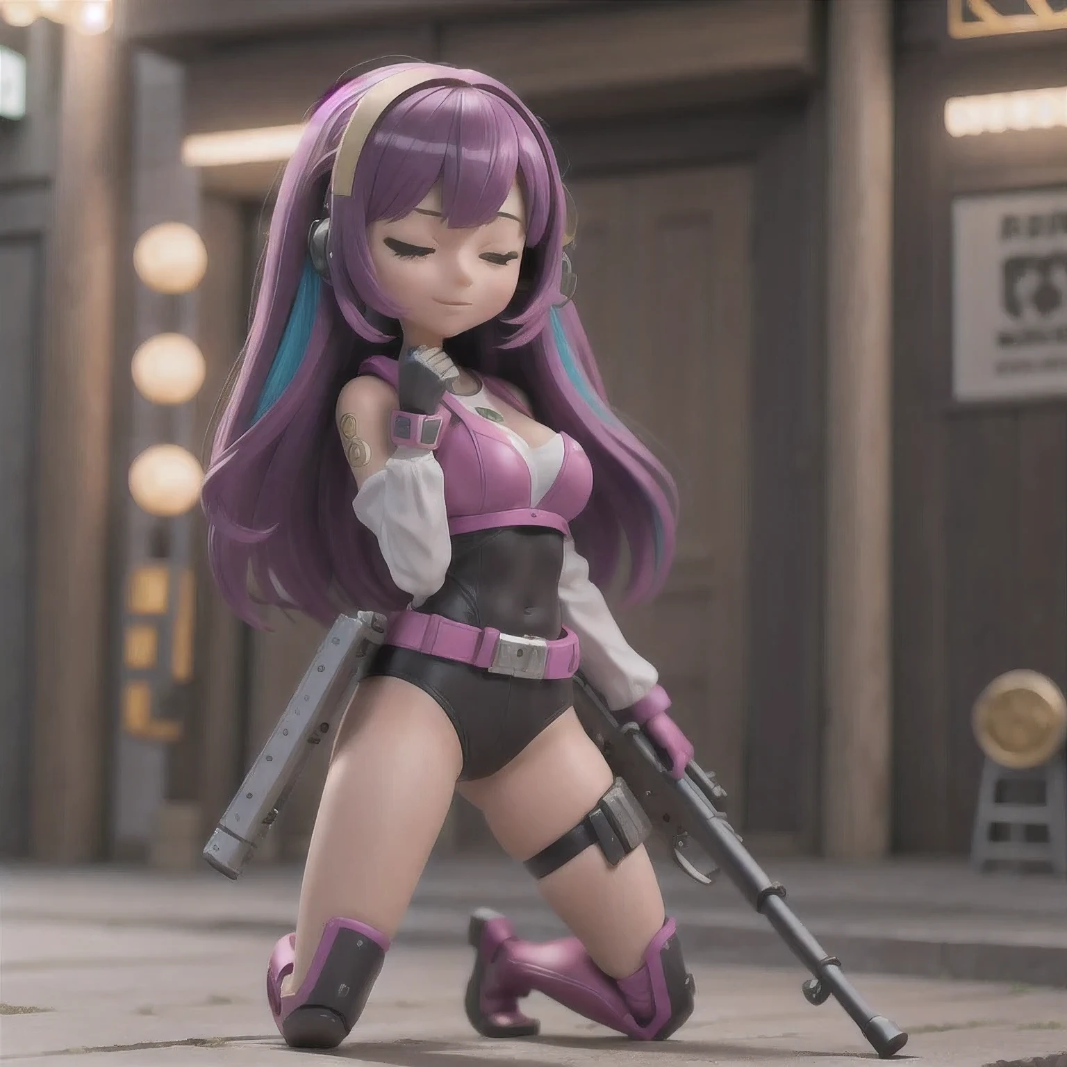 fish
1girl
bangs
blurry
blurry background
blurry foreground
breasts
brown eyes
closed mouth
depth of field
gun
long hair
looking at viewer
mecha
mole
motion blur
multicolored hair
pink hair
smile
solo
thigh strap