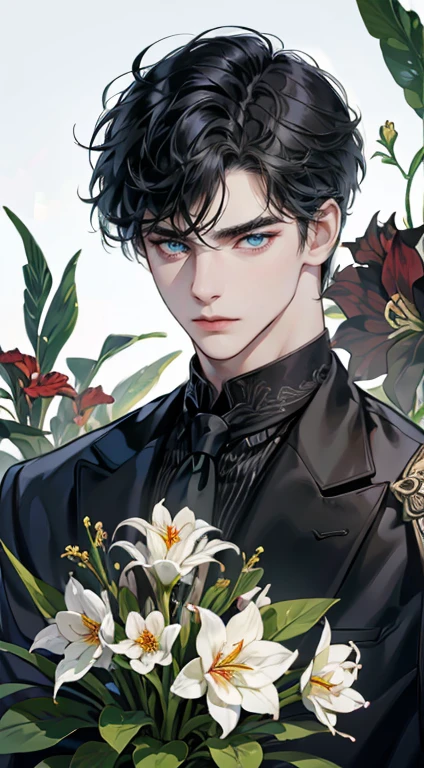 ((masterpiece)),(((best quality))), (detailed light) (detailed shadow), (high quality, breathtaking),(expressive eyes, perfect face), 1man, solo, male, tall, (mature), board shoulder, muscular, short black Quiff hair with Soft Fringe (bangs part on side 3:7 ratio), blue eyes, no smiling, black suit, black tie, Amaryllis flower background, flower petal flying, windy, look at viewer
