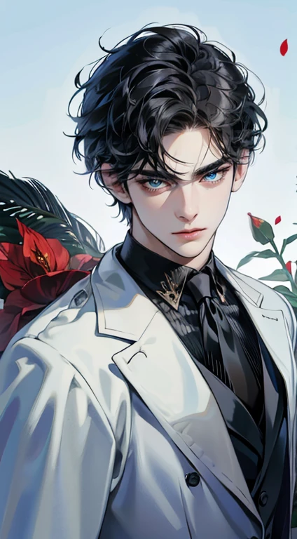 ((masterpiece)),(((best quality))), (detailed light) (detailed shadow), (high quality, breathtaking),(expressive eyes, perfect face), 1man, solo, male, tall, (mature), board shoulder, muscular, short black Quiff hair with Soft Fringe (bangs part on side 3:7 ratio), blue eyes, no smiling, black suit, black tie, Amaryllis flower background, flower petal flying, windy, look at viewer