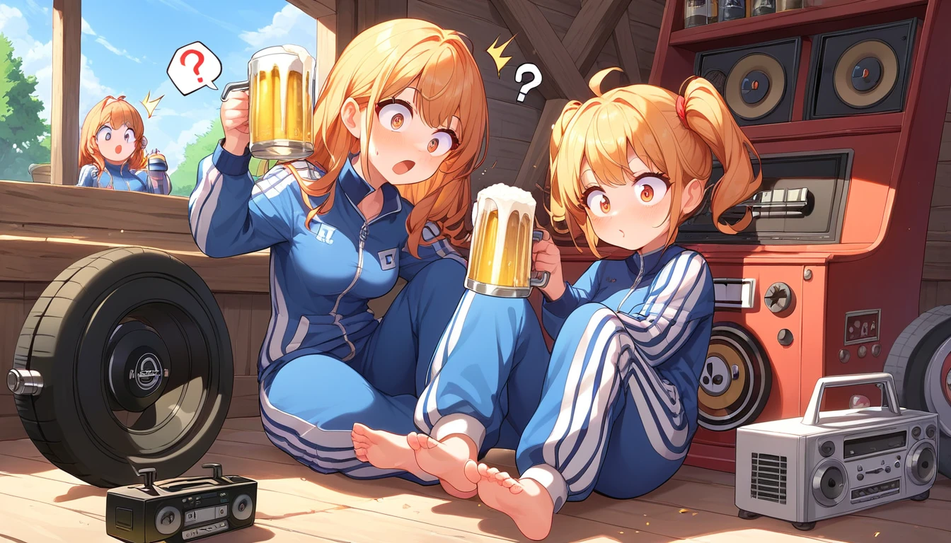 ((2girls:1.3)), ((tracksuit:1.3)), ((boombox:1.3)), ((cartwheel:1.3)), ((medieval:1.3)), ((full body:1.3)), ((surprised face:1.3)), ((question mark:1.3)), ((beer bottle:1.3)), ((drinking:1.3)), ((moe style:1.3)), ((perfect face)), ((extremely cute:1.3)), ((masterpiece:1.3)), ((8k)), ((best quality:1.3)), ((beautiful)), ((extremely detailed:1.3)) , ((absurdres)), AddXL, ((score_9:1.3)), ((score_8_up:1.3)), ((score_7_up:1.3)), Expressiveh