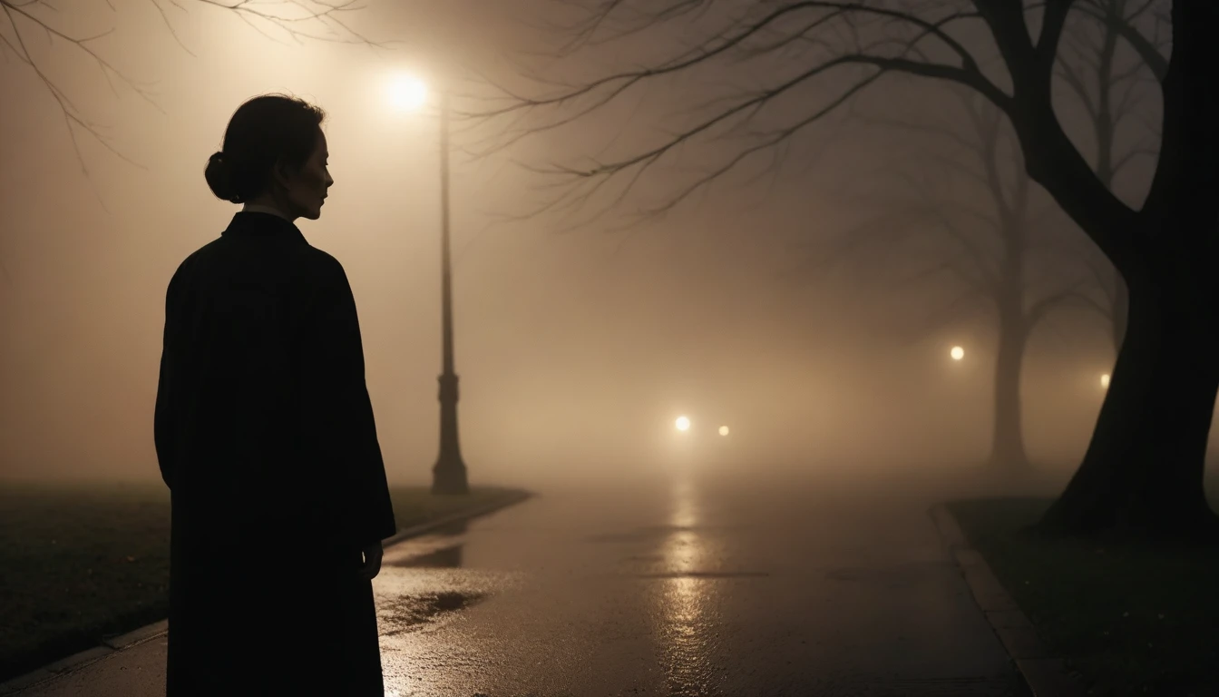 1 36-year-old Korean woman, Short hair, black coat, alone, rain, Fog, cold, boring, walk in the park., The dim light shines in the Fog,and the figure stands in the Fog holding ,drizzling, (명암대rain, cinematic lighting, shadow, film grain, anatomically correct, accurate, Awards, 8K) realistic photo, Full body shot with Canon camera 16-35 wide angle lens, natural appearance, Faintly visible
