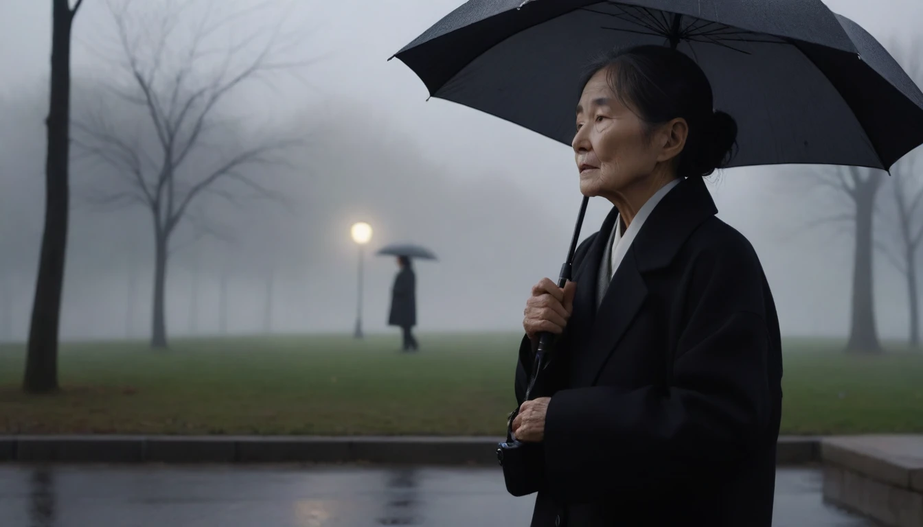 1 36-year-old Korean woman, Short hair, black coat, alone, rain, Fog, cold, boring, walk in the park., The dim light shines in the Fog,and the figure stands in the Fog holding ,drizzling, (명암대rain, cinematic lighting, shadow, film grain, anatomically correct, accurate, Awards, 8K) realistic photo, Full body shot with Canon camera 16-35 wide angle lens, natural appearance, Faintly visible