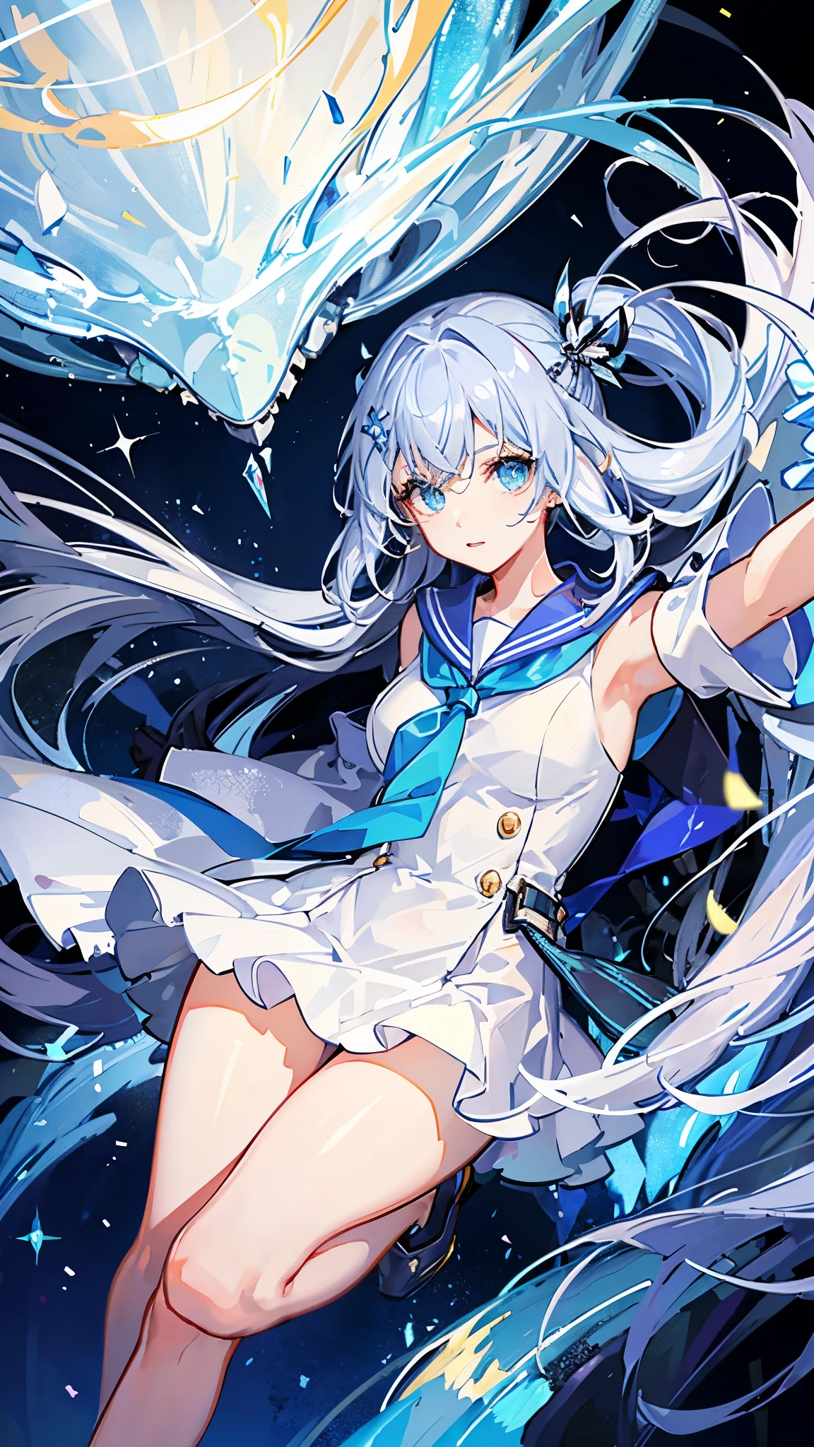 The background is an amusement park、Crystal clear light blue hair、Her hair is gradated and white from the hairline to the middle.、Hair length is up to the knees、A shiny, light blue sailor suit、The hair ornament is glittering gold.、Silver hair ornament、She has big breasts、Adult face、