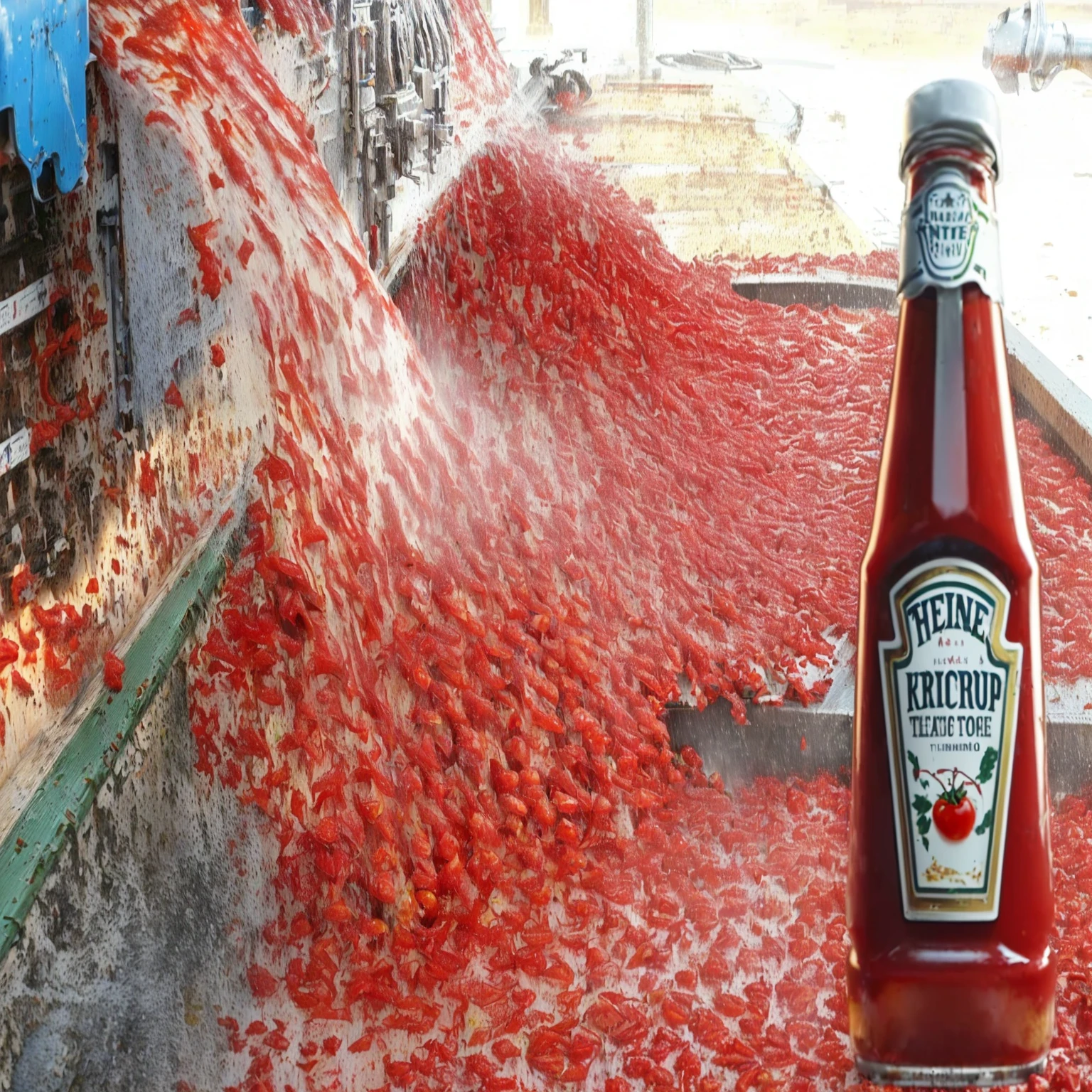 arafed tomato being poured into a bottle by a machine, tomato splatter, cornija grande, tomato sauce, texas, tomatoes, Description, Illinois, cherry blast, spilling ketchup, peru, por Jon Coffelt, by Daniel Schultz, Oklahoma, Utah, through a sea made of ketchup, by Ingrida Kadaka, tomato, elaborate composition