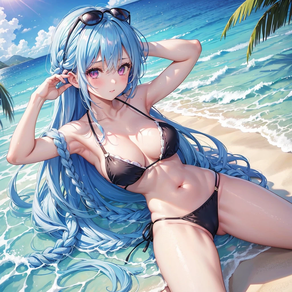(Sky blue medium hair),(Braided hair tied together)、Pink eyes、Fair skin、(whole body)、(One Girl)、Black Bikini、Big Dolce & Gabbana sunglasses on her head、Shining white sand beach in midsummer、Okinawa's ocean、A happy smile、、(masterpiece、Highest quality、Very detailed、Best Shadow)、(Detailed Background)、(Beautifully detailed face)、High contrast、(Best lighting、Very delicate and beautiful)、((Cinematic Light))、colorful、Hyper Detail、Dramatic Light、Exquisite detail、Standing with your legs apart
