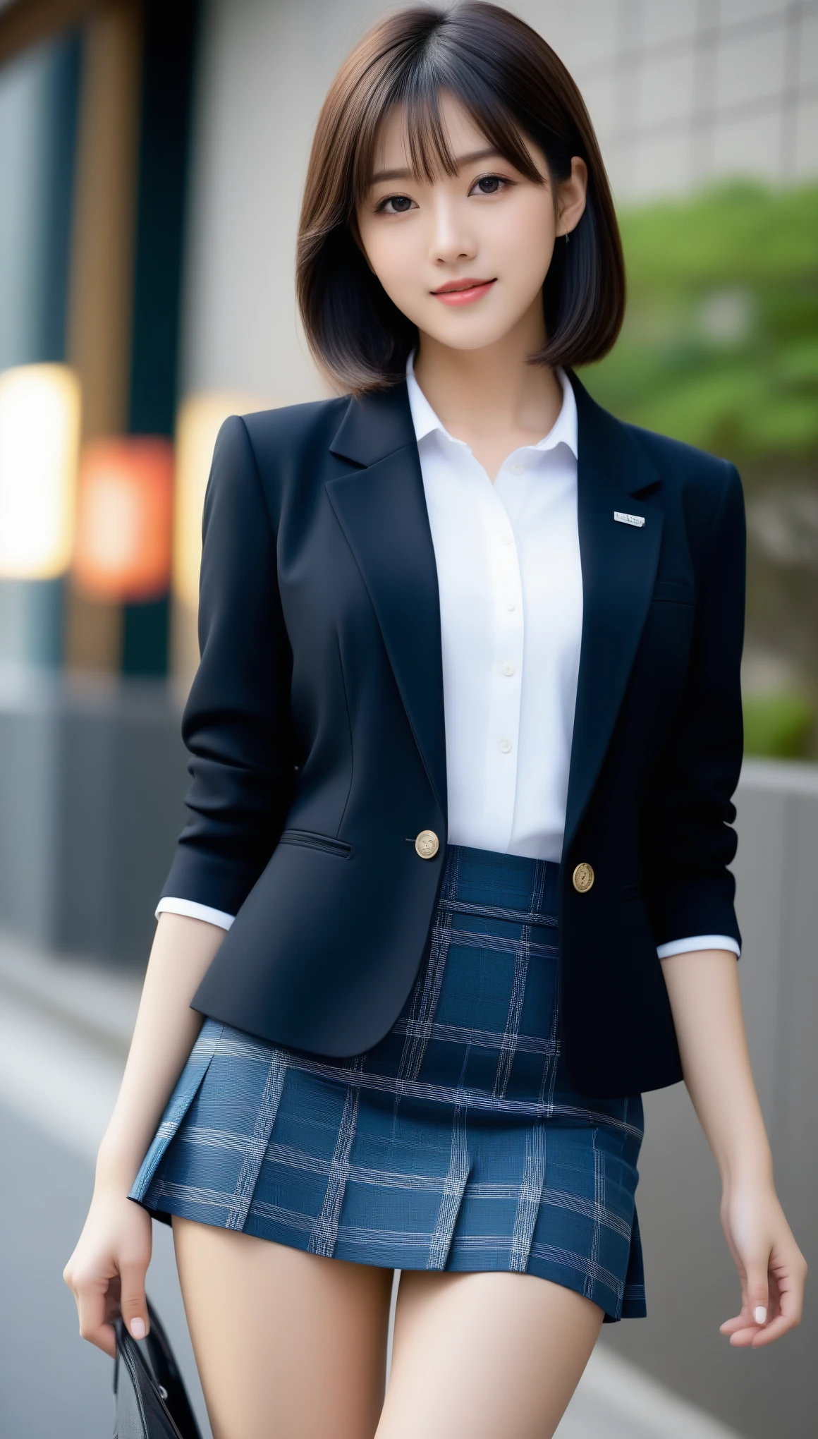 8K, Ultra-high resolution, Highest quality, masterpiece, 三分割法によるphotograph,Surreal, photograph, 1 Girl, (16 years old:1.3), pretty girl, Cute face, Beautiful eyes in every detail, 細かくdetailedに,masterpiece,One Girl:1.2, Japan Female Announcer,whole body,,glaring,Black Hair,Bob with bangs,Black Blazer Uniform,White collared blouse,The buttons on the chest are open,Plaid pencil skirt、Sharp focus、Perfect dynamic composition、Beautiful and detailed、Thin Hair、Detailed real skin texture、smile,Model Body Type,Beautiful leg line beauty,Looking at the audience、beauty,Long neck、(((Ideal body type))),A cup small breasts :2,、Portraiture:2、Perfect Anatomy、なdetailed、detailed、Surreal、Light and shadow,Strong light